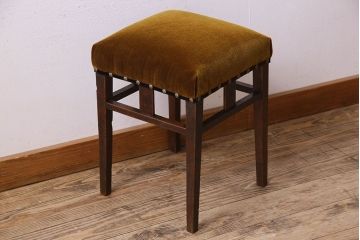 アンティーク家具　大正ロマン!古いナラ材製のクッション座面角スツール(椅子、チェア)