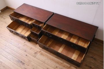 アンティーク家具　R-2　明治大正期　前面栗材製　蝶覆輪金具付き米沢箪笥・下段(衣装箪笥、ローボード、テレビボード)(2)