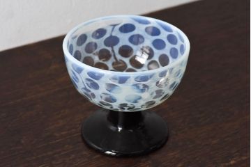 アンティーク雑貨　大正期　エナメル脚乳白水玉　碗型氷コップ