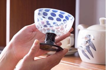 アンティーク雑貨　大正期　エナメル脚乳白水玉　碗型氷コップ