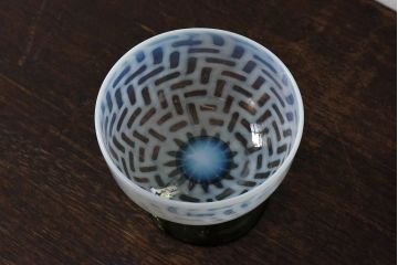 アンティーク雑貨　大正昭和期　籠目文　乳白ぼかしがお洒落な氷コップ(1)