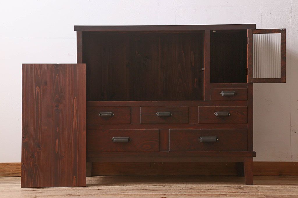 アンティーク家具　和製アンティーク　前面ケヤキ材　モールガラス入りの収納棚(食器棚、本箱、ブックケース)