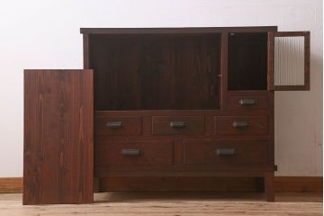 アンティーク家具　和製アンティーク　前面ケヤキ材　モールガラス入りの収納棚(食器棚、本箱、ブックケース)