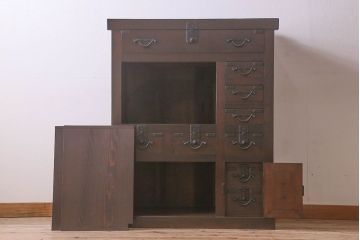 アンティーク家具　明治期!重厚感漂うヒノキ材製の関西帳場箪笥(収納棚・キャビネット)