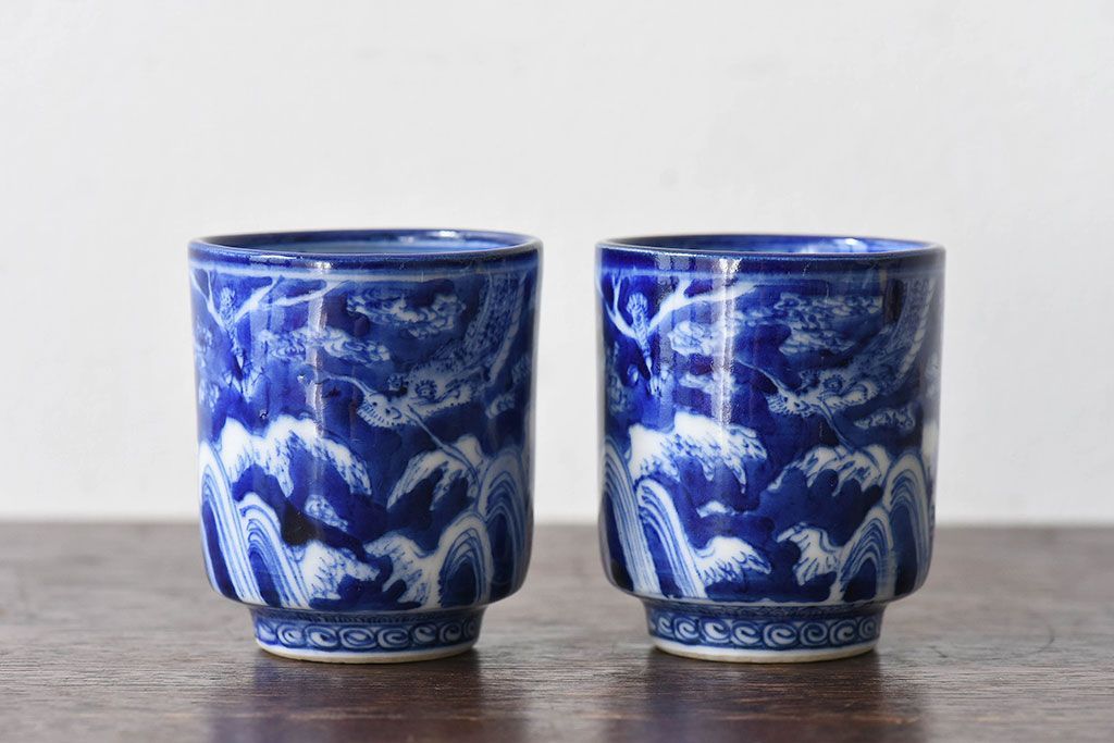 古民具・骨董　染付　雲龍文　湯呑2個セット(2)