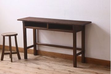 アンティーク雑貨　昭和レトロ　ラワン材　横長・薄型タイプの平机(コンソールテーブル、花台、飾り台)