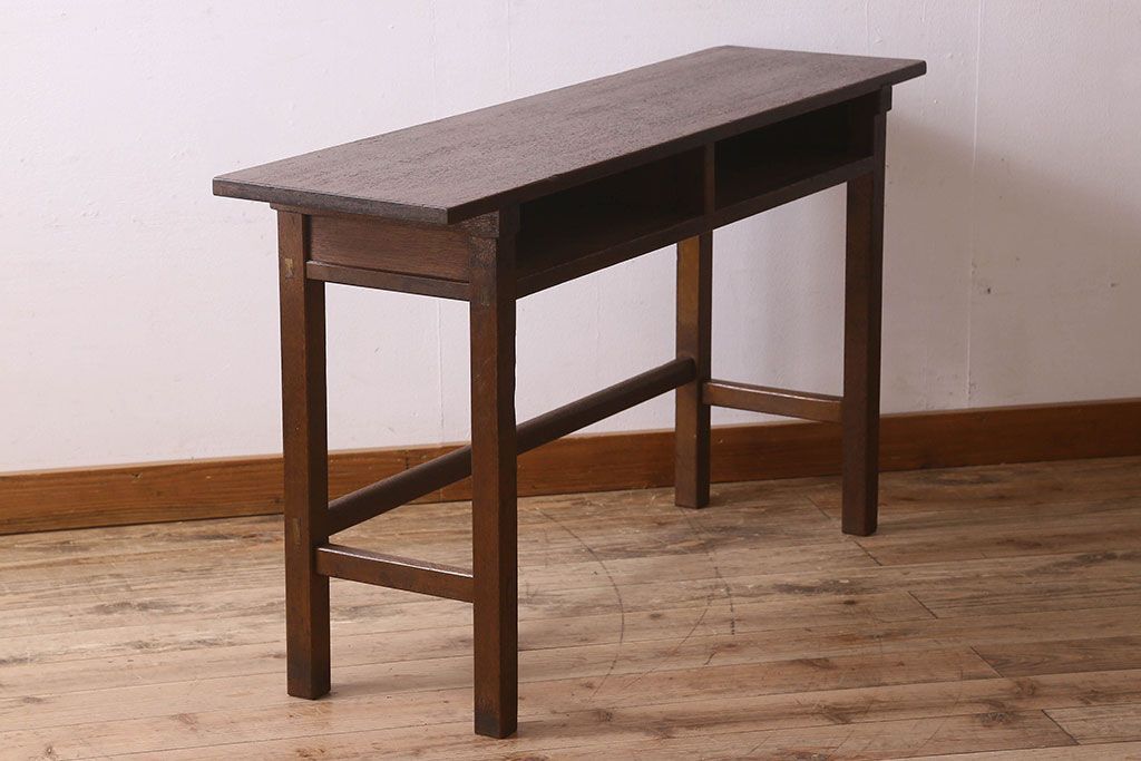 アンティーク雑貨　昭和レトロ　ラワン材　横長・薄型タイプの平机(コンソールテーブル、花台、飾り台)