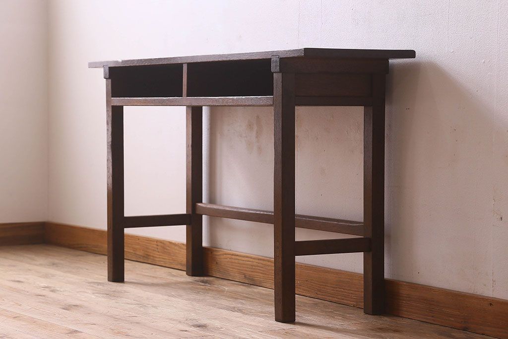 アンティーク雑貨　昭和レトロ　ラワン材　横長・薄型タイプの平机(コンソールテーブル、花台、飾り台)