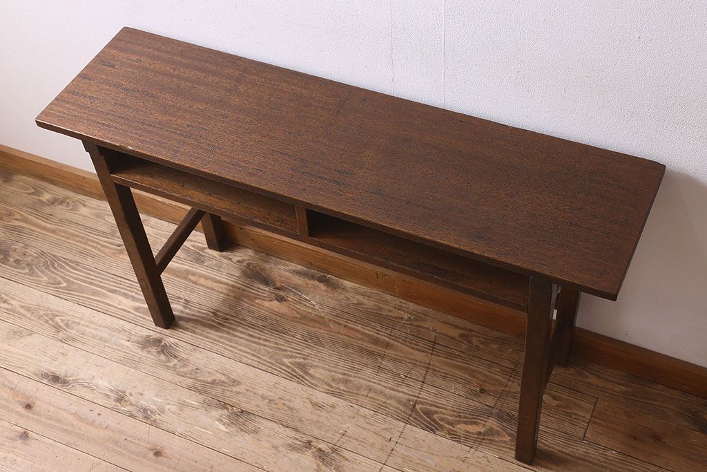 アンティーク雑貨　昭和レトロ　ラワン材　横長・薄型タイプの平机(コンソールテーブル、花台、飾り台)