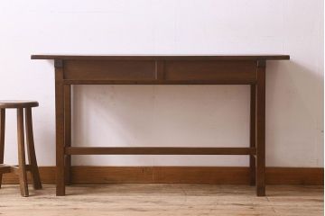 アンティーク雑貨　昭和レトロ　ラワン材　横長・薄型タイプの平机(コンソールテーブル、花台、飾り台)