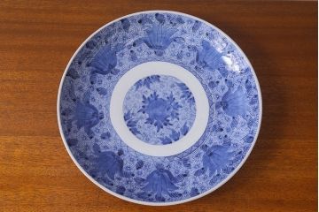 江戸後期　染付　線書　一尺三寸　アンティーク大皿(和食器)