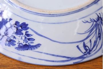 明治期　梅に菊の図　染付　一尺三寸　アンティーク大皿(和食器)