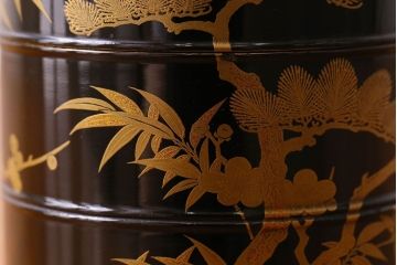 アンティーク雑貨　明治期　松竹梅鶴亀図　木製重香合・蒔絵(小物収納箱、茶道具)