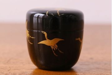 アンティーク雑貨　明治大正期　鶴蒔絵　木製棗(なつめ、茶道具)