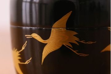 アンティーク雑貨　明治大正期　鶴蒔絵　木製棗(なつめ、茶道具)