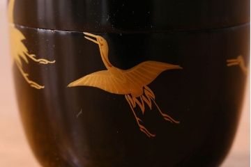 アンティーク雑貨　明治大正期　鶴蒔絵　木製棗(なつめ、茶道具)