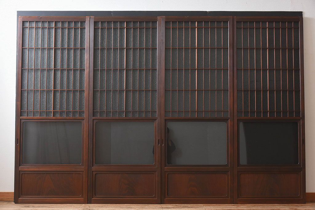 和モダン　ダイヤガラス　クリアガラス　ヒノキ材　上品なデザインのガラス帯格子戸4枚セット(格子戸、引き戸、ガラス戸)