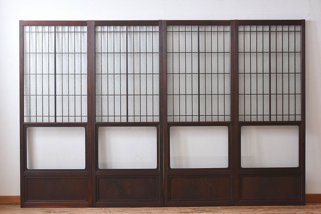 和モダン　ダイヤガラス　クリアガラス　ヒノキ材　上品なデザインのガラス帯格子戸4枚セット(格子戸、引き戸、ガラス戸)
