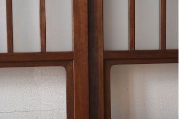 昭和レトロ　クリアガラス　すりガラスが魅力的な　檜材の格子帯戸2枚セット(格子戸、引き戸、ガラス戸、ガラス帯戸)