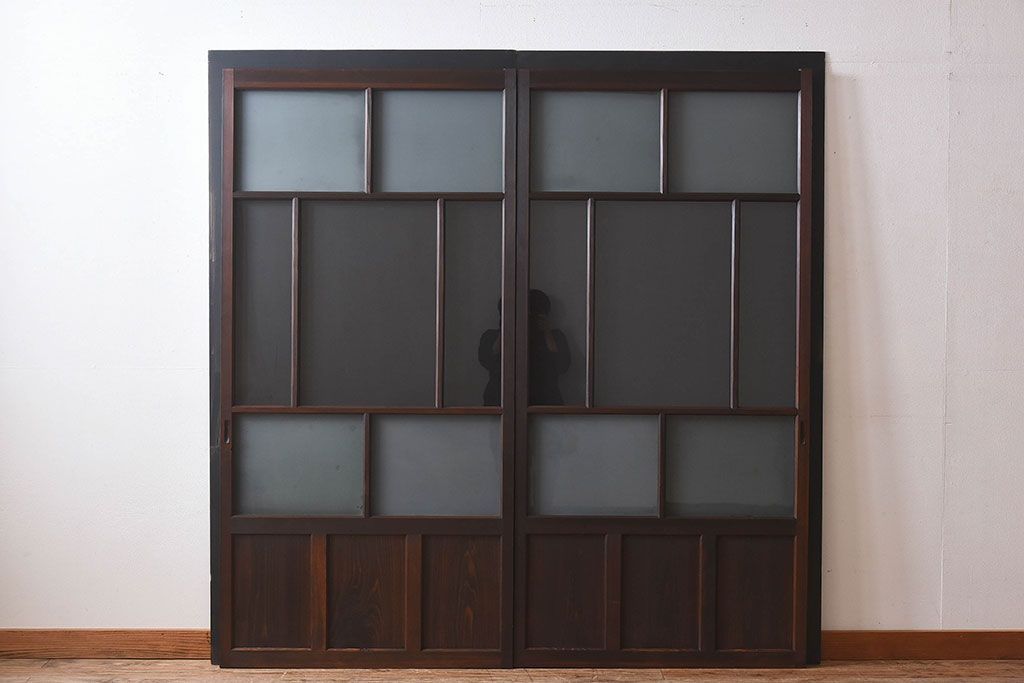 和製アンティーク　すりガラス　クリアガラス　モダンな雰囲気が魅力的なガラス戸2枚セット(建具、引き戸)