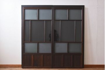 和製アンティーク　すりガラス　クリアガラス　モダンな雰囲気が魅力的なガラス戸2枚セット(建具、引き戸)