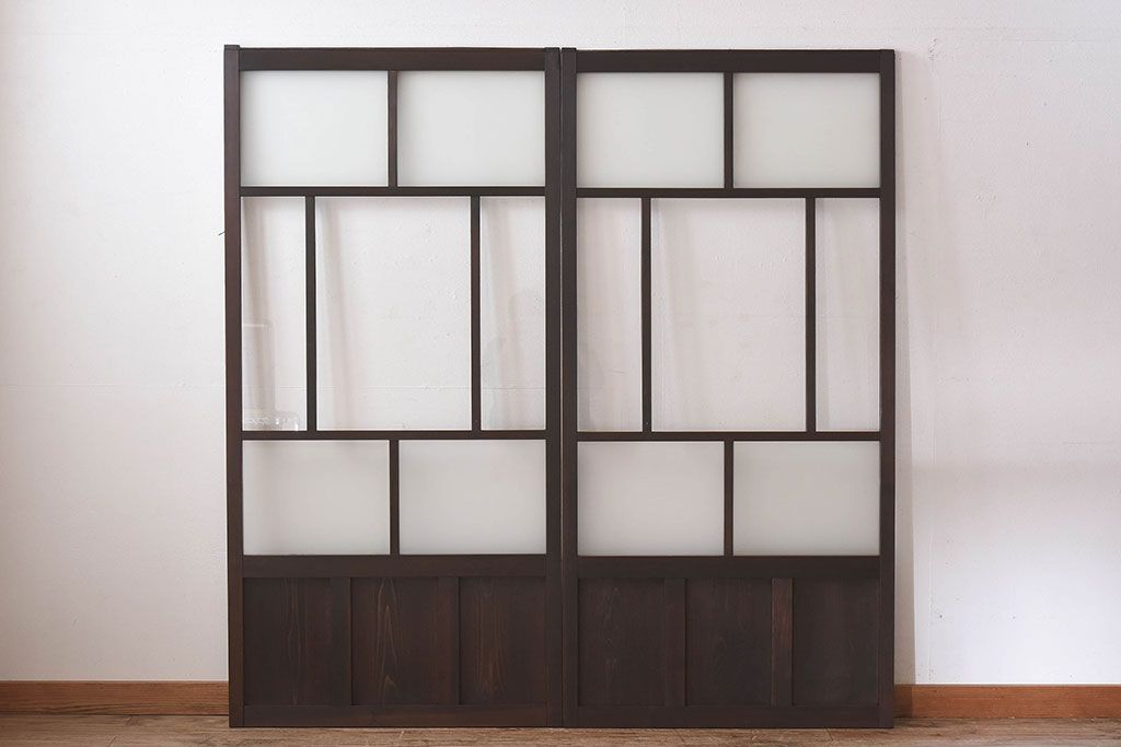 和製アンティーク　すりガラス　クリアガラス　モダンな雰囲気が魅力的なガラス戸2枚セット(建具、引き戸)