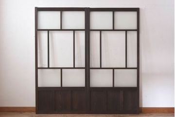 和製アンティーク　すりガラス　クリアガラス　モダンな雰囲気が魅力的なガラス戸2枚セット(建具、引き戸)