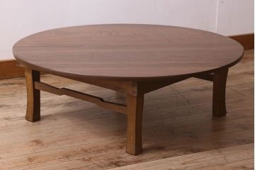 アンティーク家具　和製アンティーク　古い栓材の質感が味わい深い丸ちゃぶ台(座卓、ローテーブル、折り畳みテーブル)