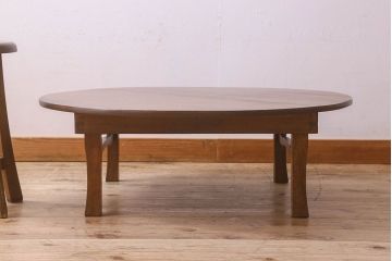 アンティーク家具　和製アンティーク　古い栓材の質感が味わい深い丸ちゃぶ台(座卓、ローテーブル、折り畳みテーブル)