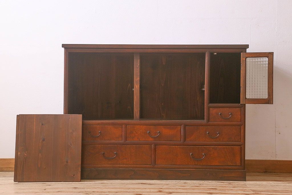 アンティーク家具　和製アンティーク　チェッカーガラス入り!6杯の引き出し付き戸棚(収納棚、食器棚)