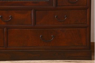 アンティーク家具　和製アンティーク　チェッカーガラス入り!6杯の引き出し付き戸棚(収納棚、食器棚)