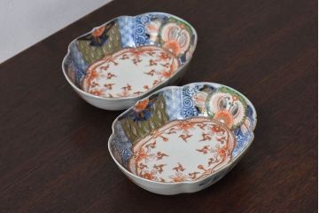 アンティーク雑貨　和製アンティーク　幕末明治期　色絵変形皿2枚セット(1)