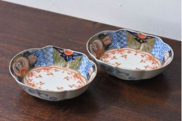 アンティーク雑貨　和製アンティーク　幕末明治期　色絵変形皿2枚セット(2)