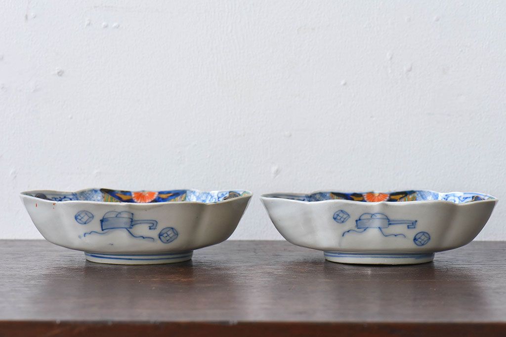 アンティーク雑貨　和製アンティーク　幕末明治期　色絵変形皿2枚セット(2)