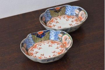 アンティーク雑貨　和製アンティーク　幕末明治期　色絵変形皿2枚セット(2)