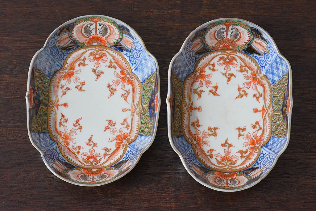 アンティーク雑貨　和製アンティーク　幕末明治期　色絵変形皿2枚セット(2)