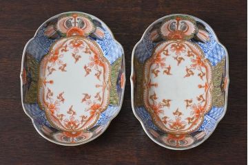 アンティーク雑貨　和製アンティーク　幕末明治期　色絵変形皿2枚セット(2)