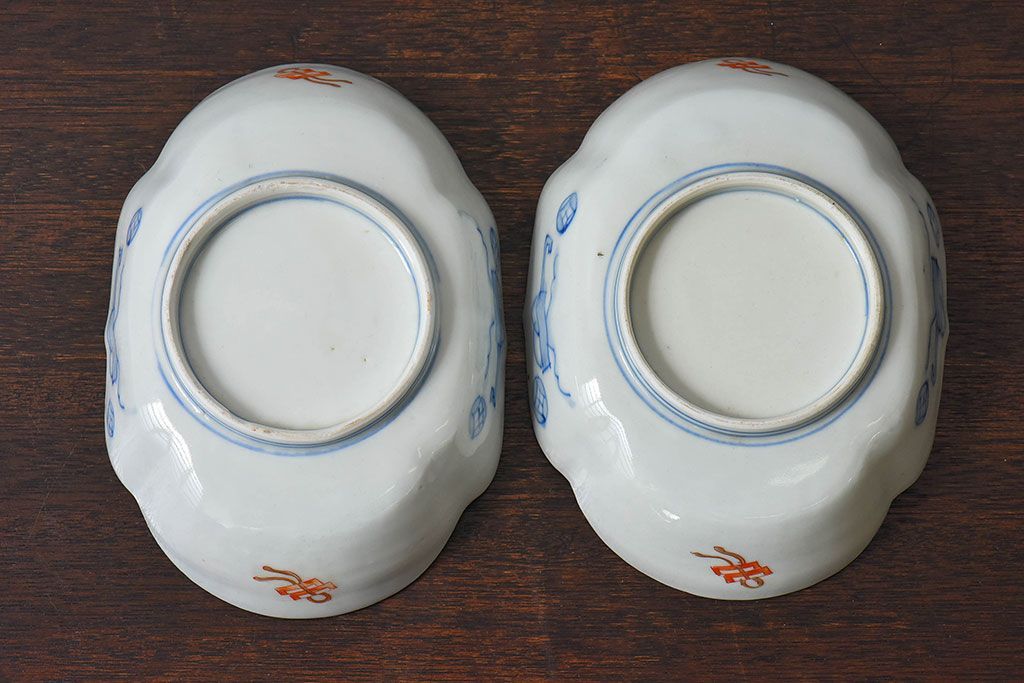 アンティーク雑貨　和製アンティーク　幕末明治期　色絵変形皿2枚セット(2)