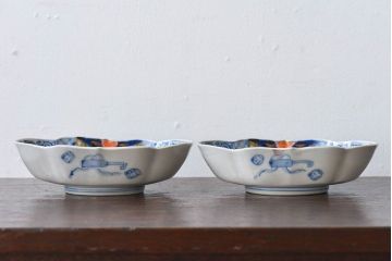 アンティーク雑貨　和製アンティーク　幕末明治期　色絵変形皿2枚セット(3)