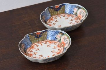 アンティーク雑貨　和製アンティーク　幕末明治期　色絵変形皿2枚セット(3)