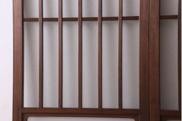 昭和レトロ　プレスガラス・すりガラス使用　ガラスのデザインが魅力的な檜材のガラス帯格子戸2枚セット(引き戸、格子戸、ガラス戸)