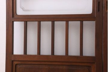 昭和レトロ　プレスガラス・すりガラス使用　ガラスのデザインが魅力的な檜材のガラス帯格子戸2枚セット(引き戸、格子戸、ガラス戸)