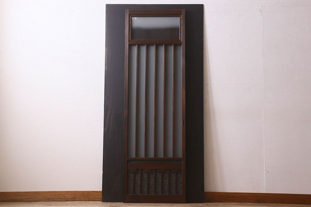 和製アンティーク　すりガラス　ダイヤガラス　意匠が魅力的なヒノキ材の格子戸(引き戸、ガラス戸)