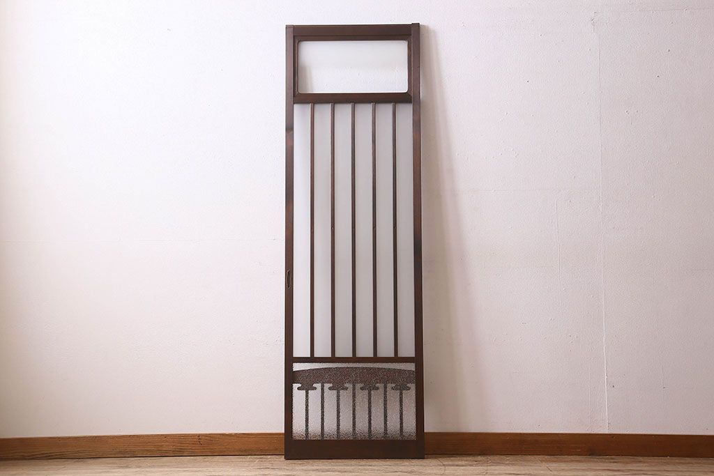 和製アンティーク　すりガラス　ダイヤガラス　意匠が魅力的なヒノキ材の格子戸(引き戸、ガラス戸)