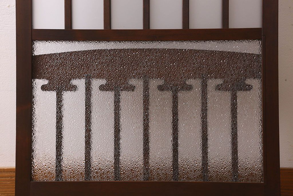 和製アンティーク　すりガラス　ダイヤガラス　意匠が魅力的なヒノキ材の格子戸(引き戸、ガラス戸)