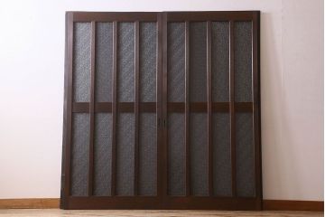 和製アンティーク　モダンな雰囲気漂う　ダイヤガラスが施されたヒノキ材のガラス戸2枚セット(引き戸)