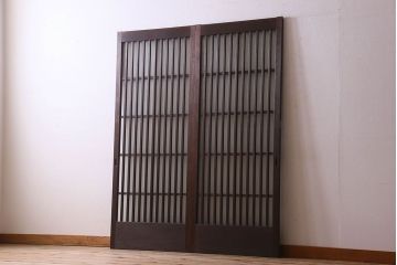 昭和期　すりガラス入り!縦桟が魅力的な格子戸(引き戸、ガラス戸)2枚セット(1)