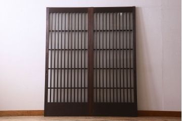 昭和期　すりガラス入り!縦桟が魅力的な格子戸(引き戸、ガラス戸)2枚セット(1)