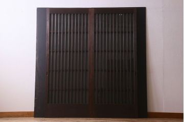 昭和期　すりガラス入り!縦桟が魅力的な格子戸(引き戸、ガラス戸)2枚セット(1)