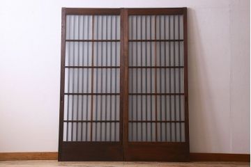 昭和期　すりガラス入り!縦桟が魅力的な格子戸(引き戸、ガラス戸)2枚セット(1)